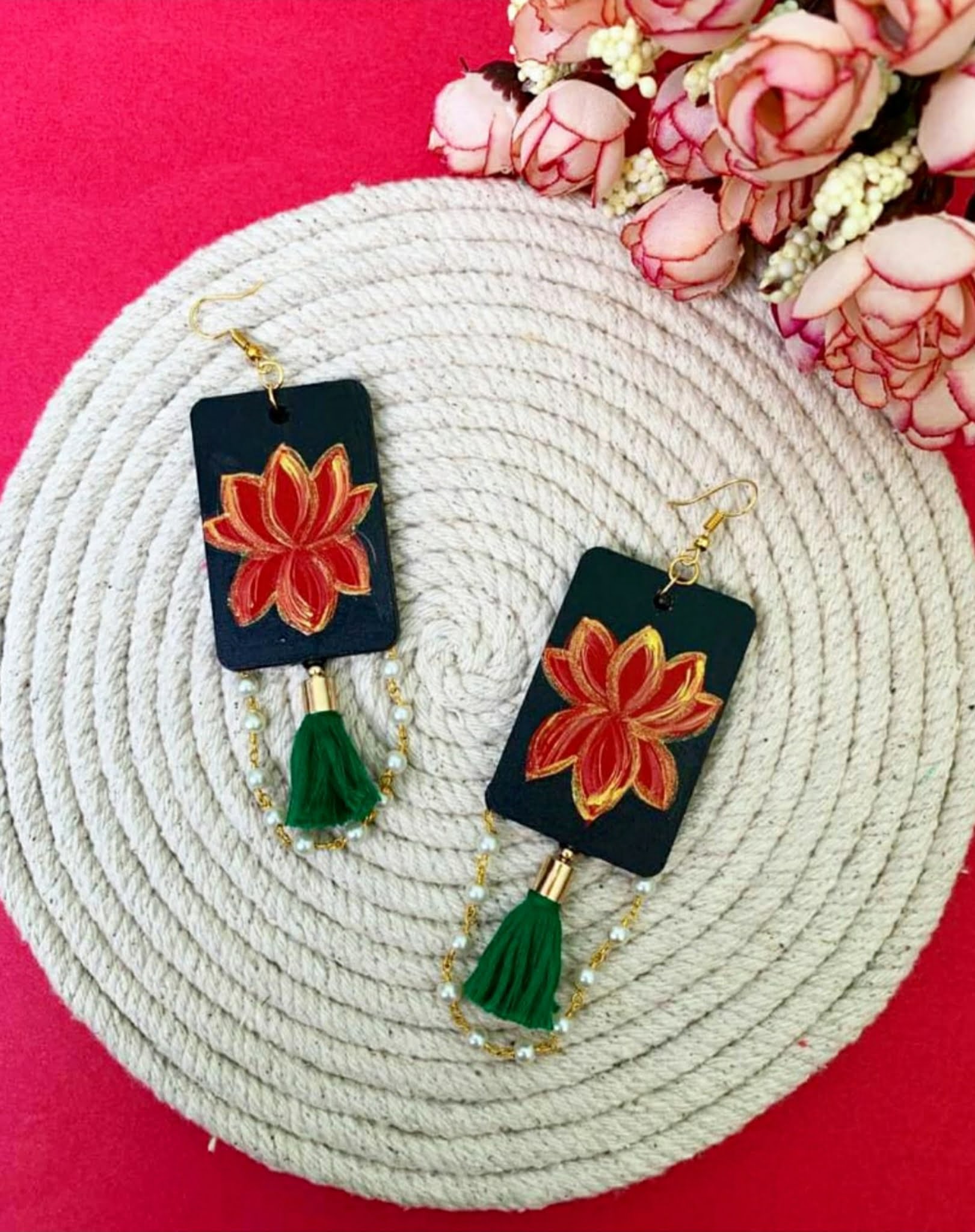 Handpainted Lotus Earrings image 0