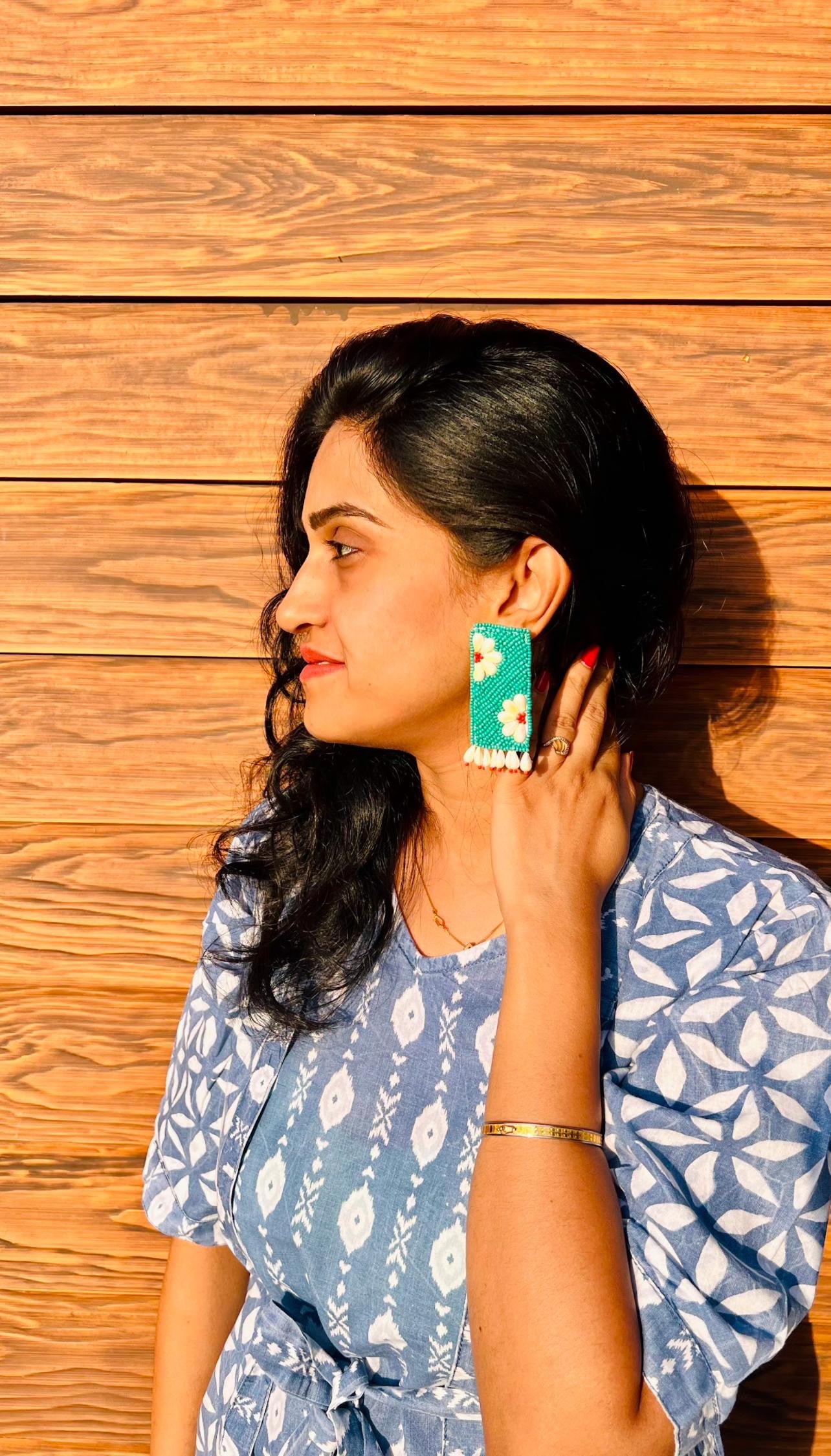 Rectangle Daisy Beaded Earrings Long