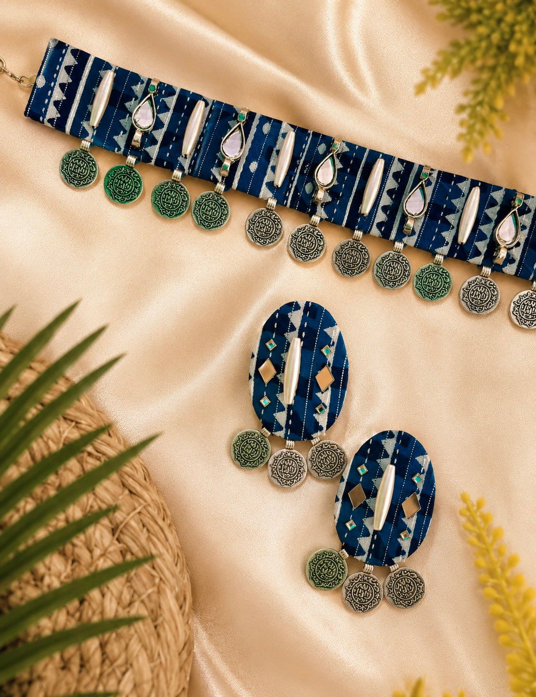 Indigo Mini Coin Choker with Earrings
