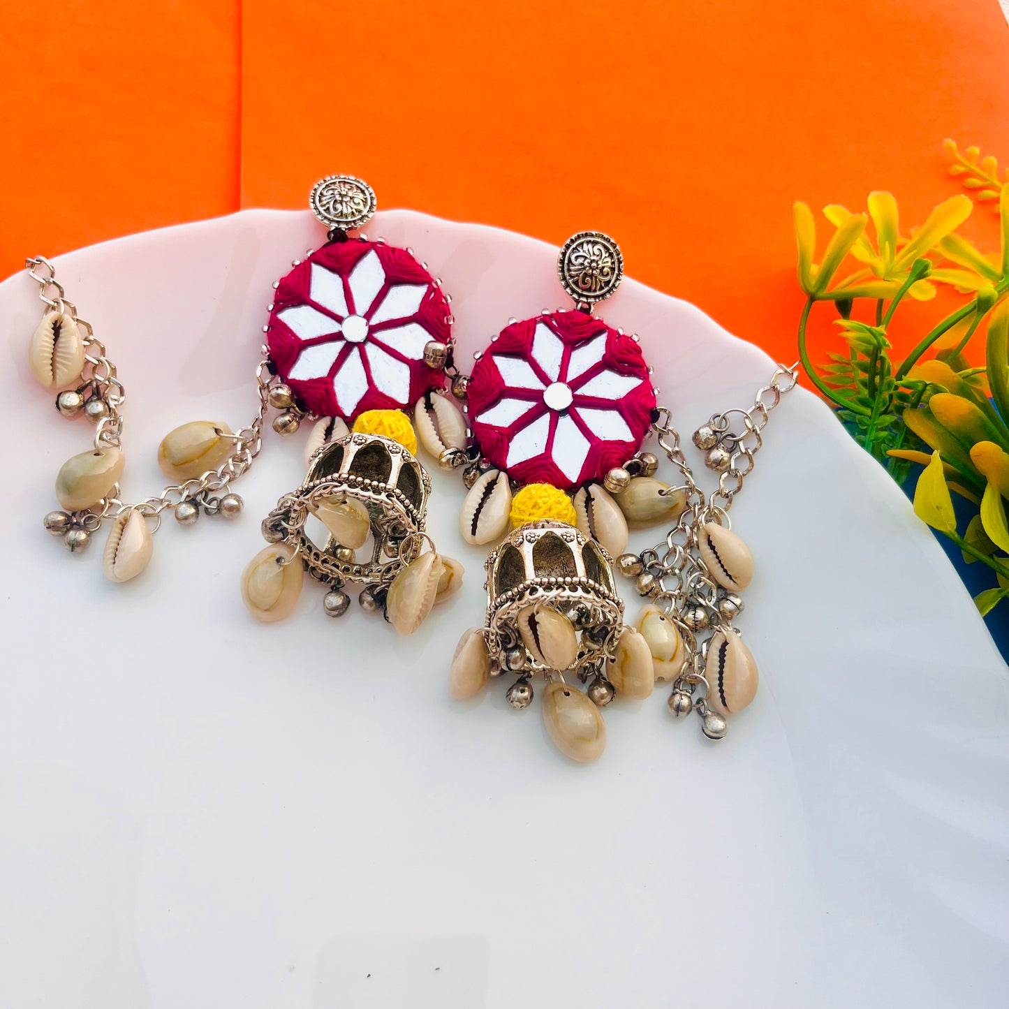 Raagini Mirror Earrings For Navratri with Ear Chain