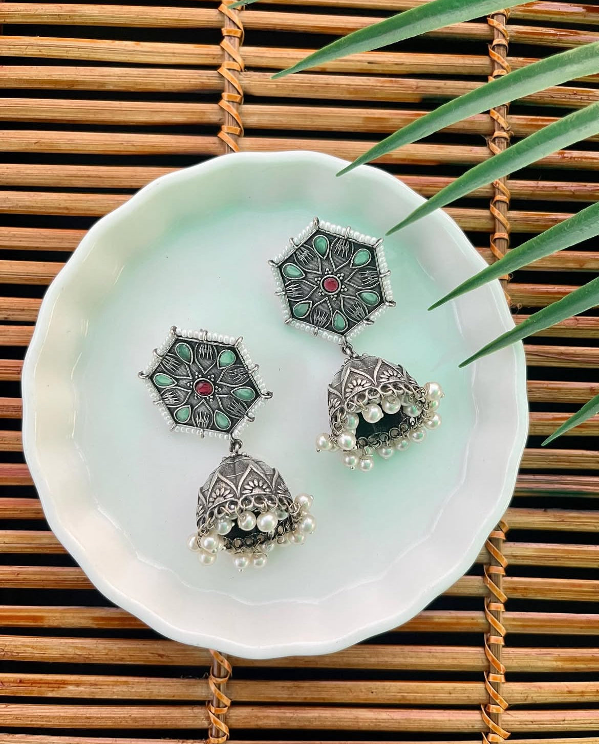 German Silver Meenakari Jhumka