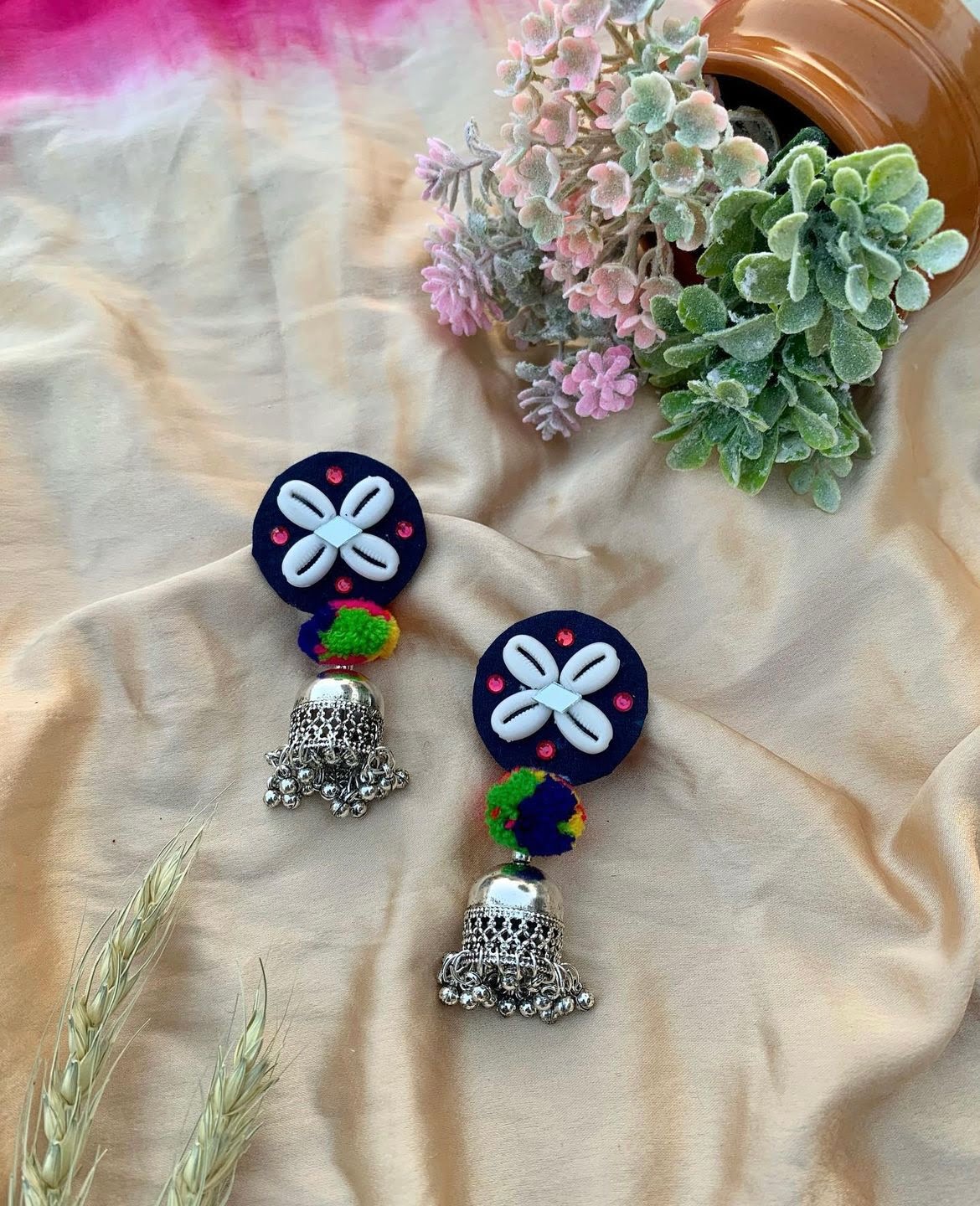 Navy Pompom Jhumka image 0
