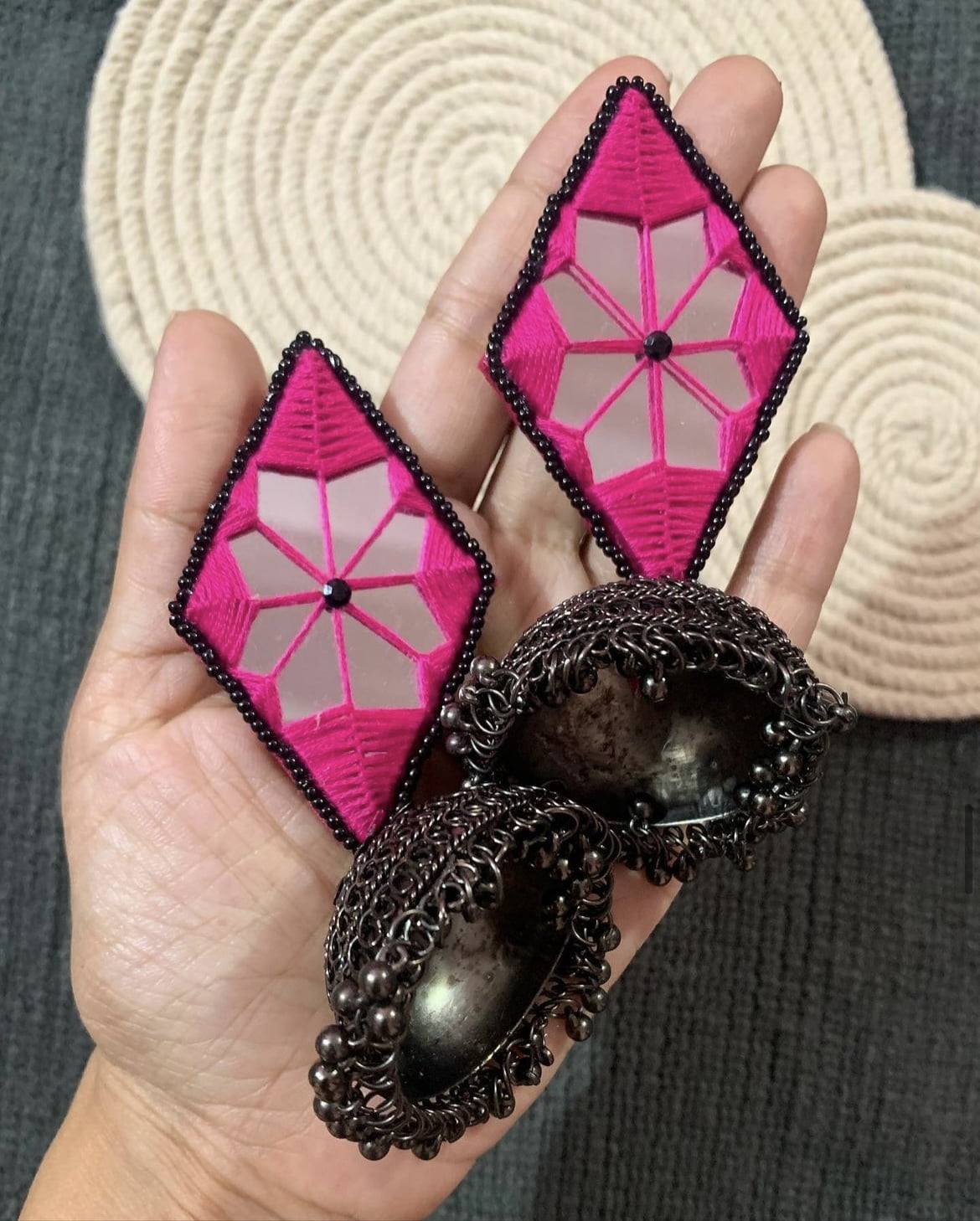 Diamond Mirror Jhumkas- Black Metal image 0