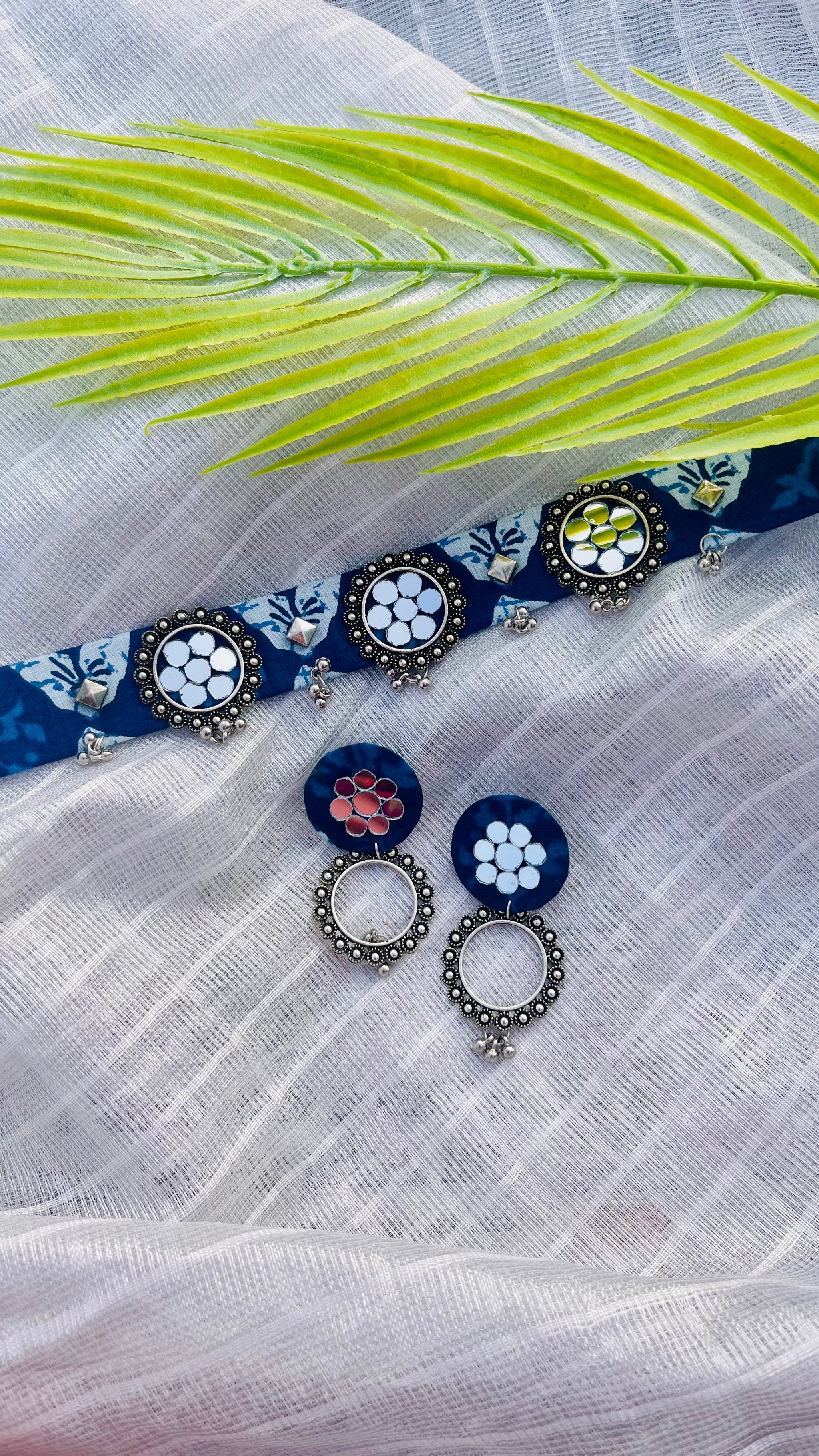 Indigo Mirror Choker with Earrings