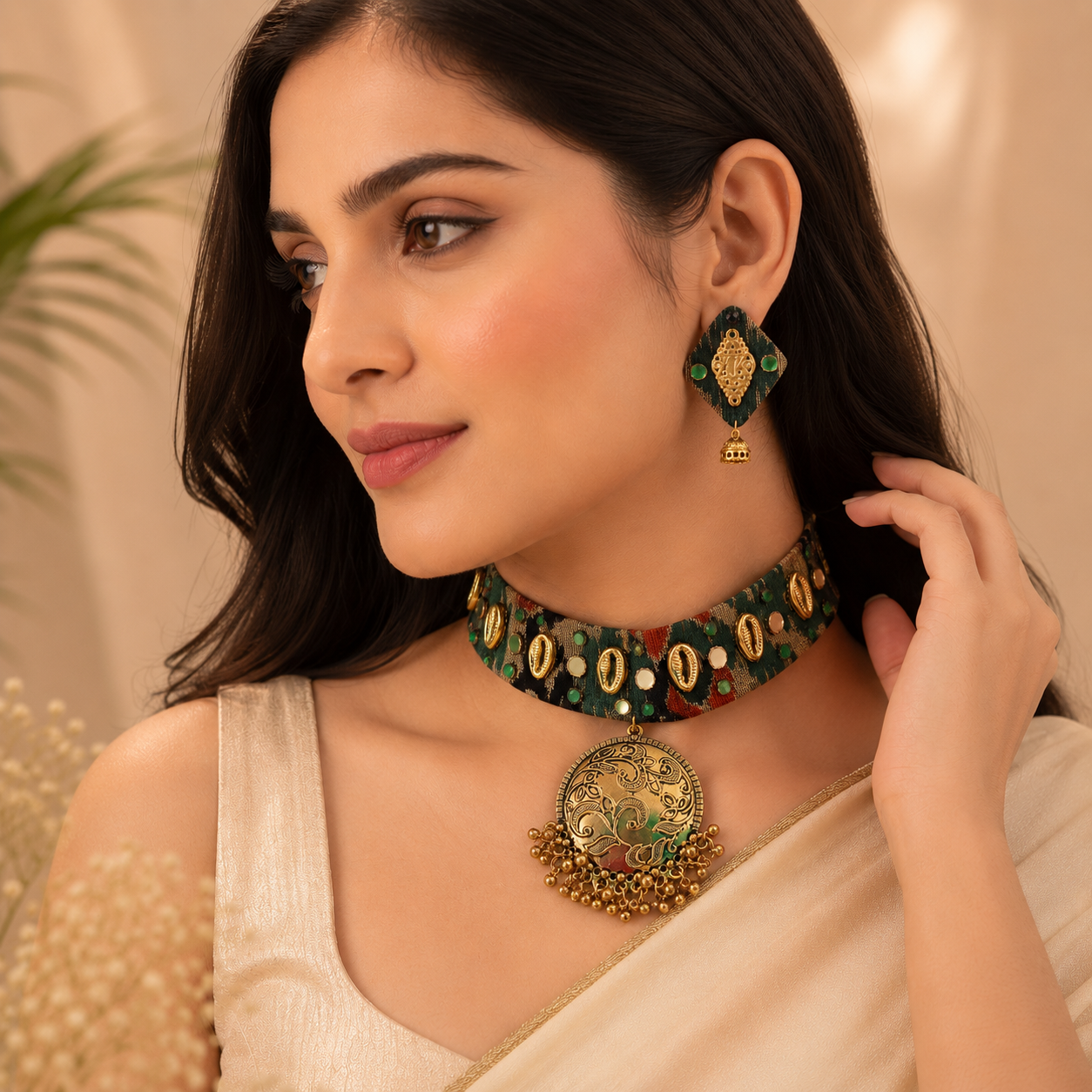 Ikkat Shell Choker with Earrings