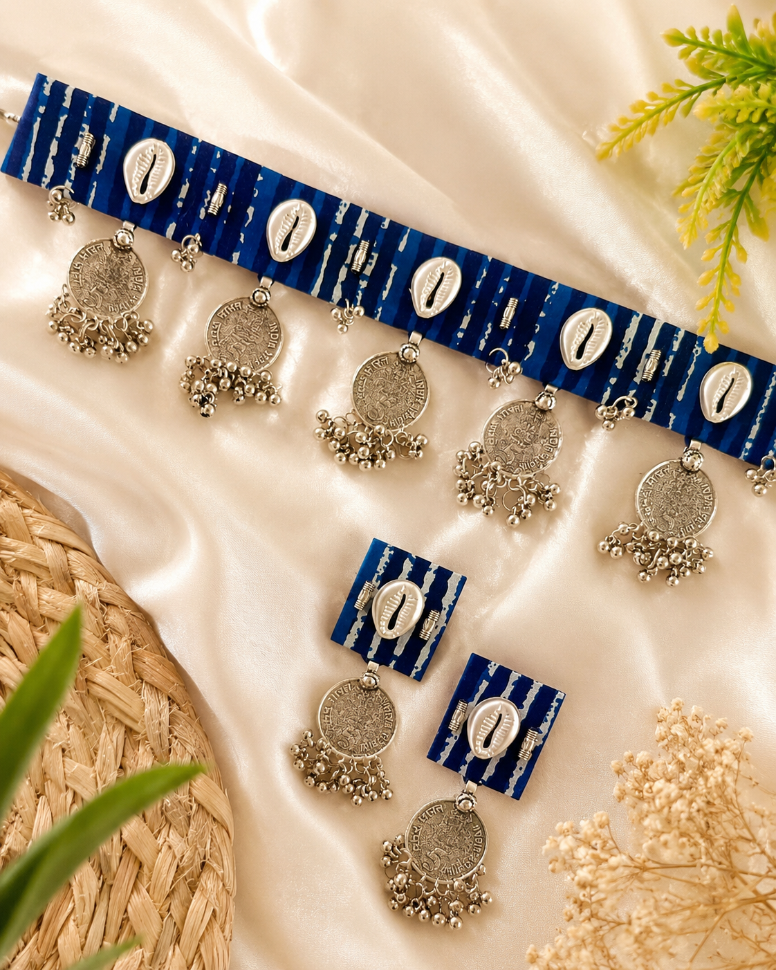 Indigo Big Coin Choker with Earrings