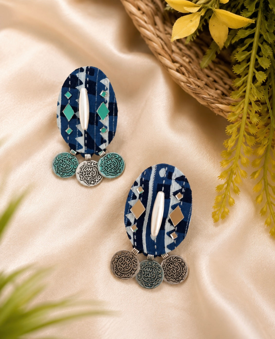 Oval Indigo Textile Earrings