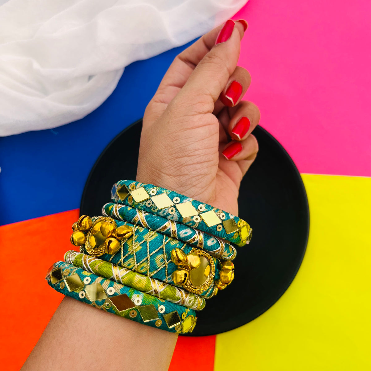 Traditional Bandhni Mirror Bangle Set