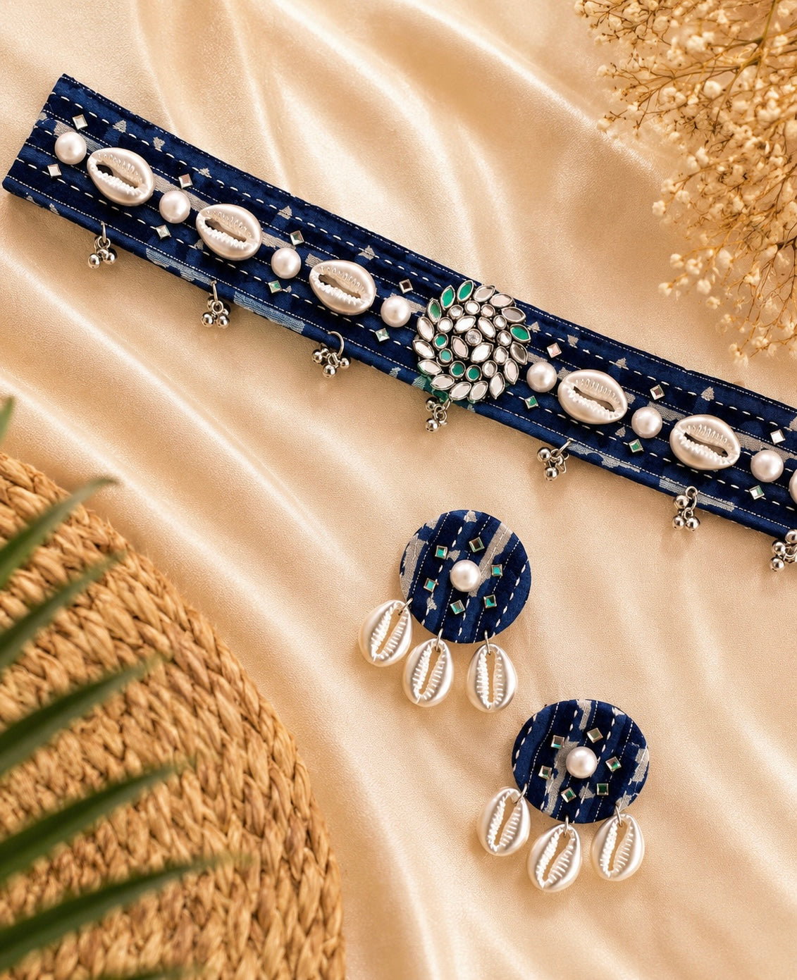 Indigo Shell Choker with Earrings
