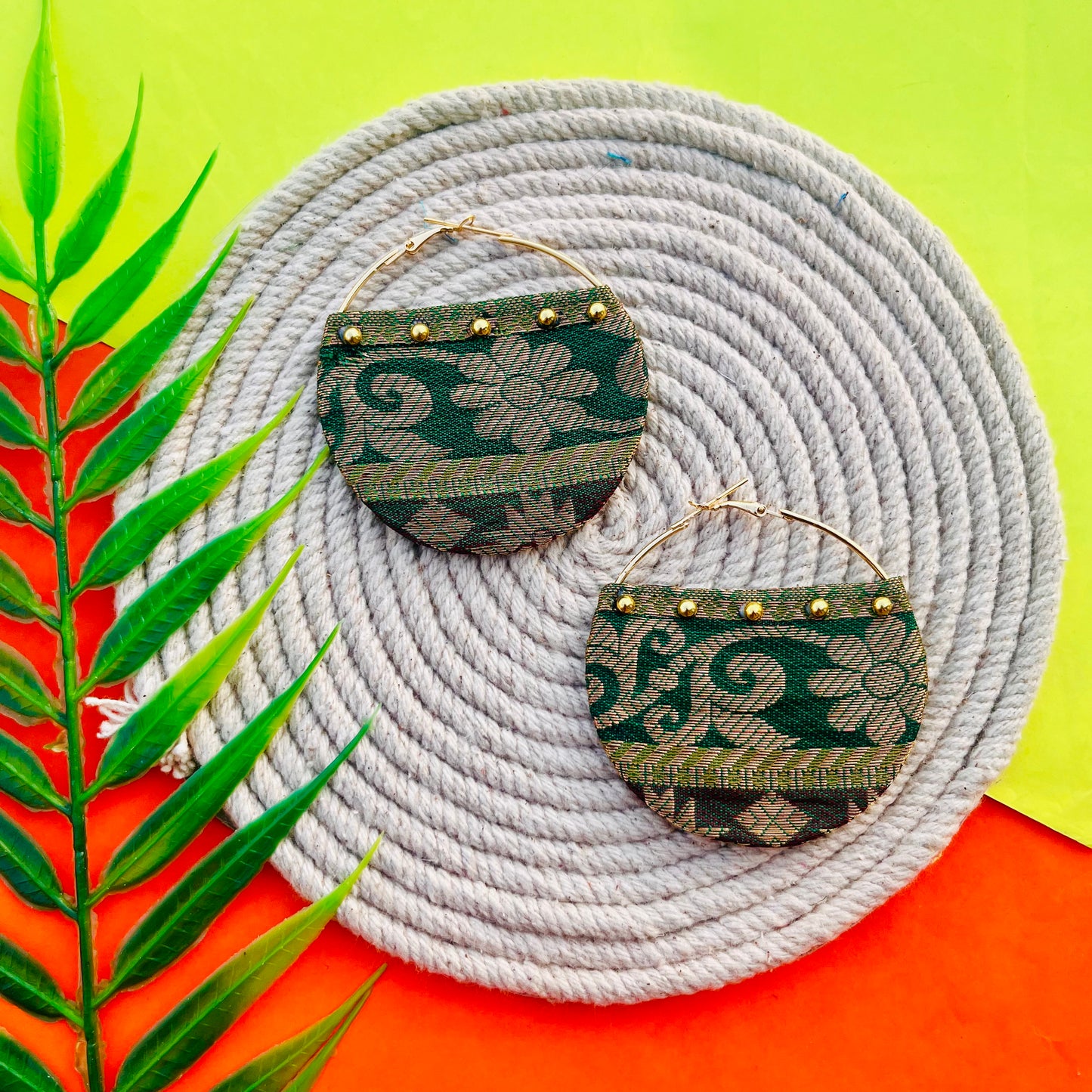 Green Brocade Hoop Earrings