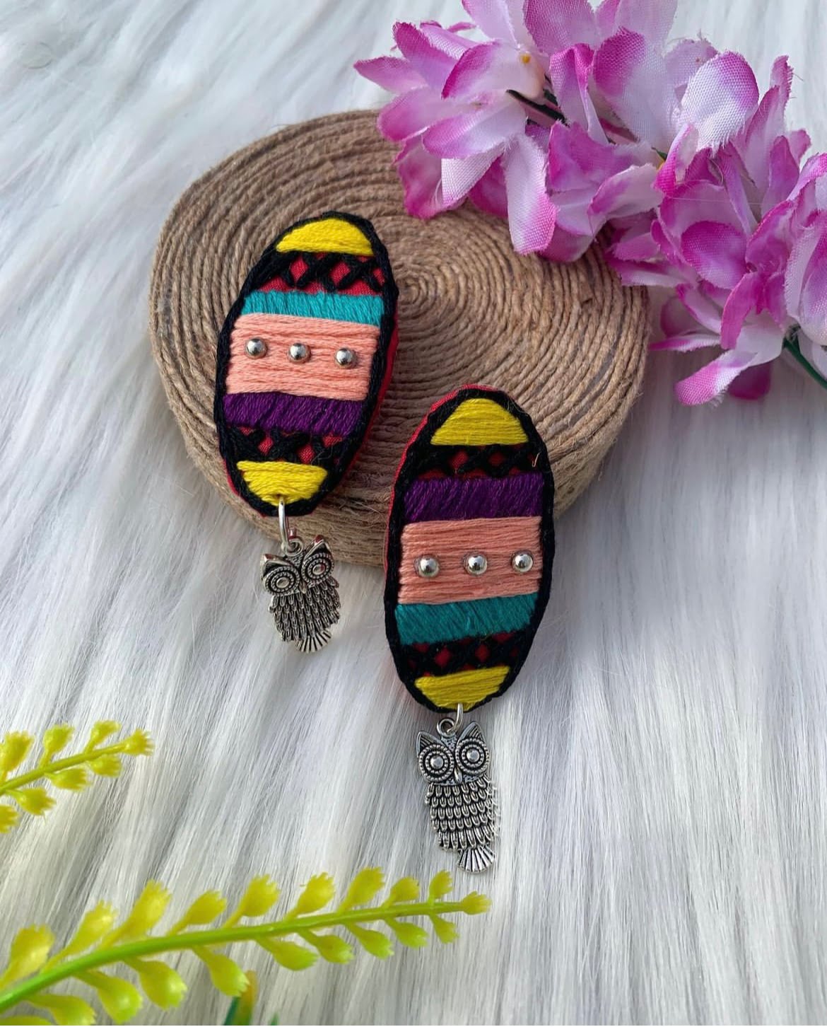 Hand Embroidered Owl Earrings image 0